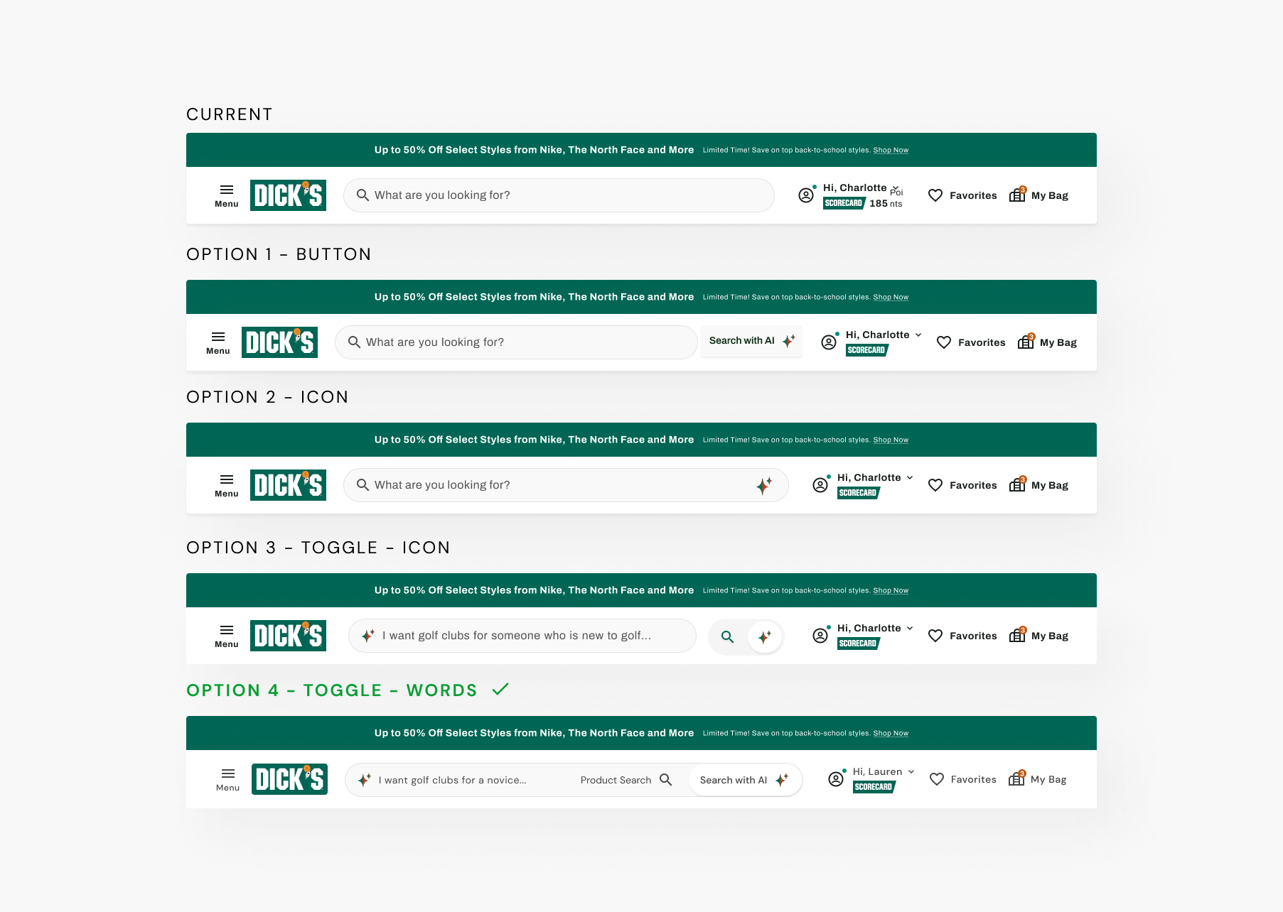 Header iterations for AI search toggle
