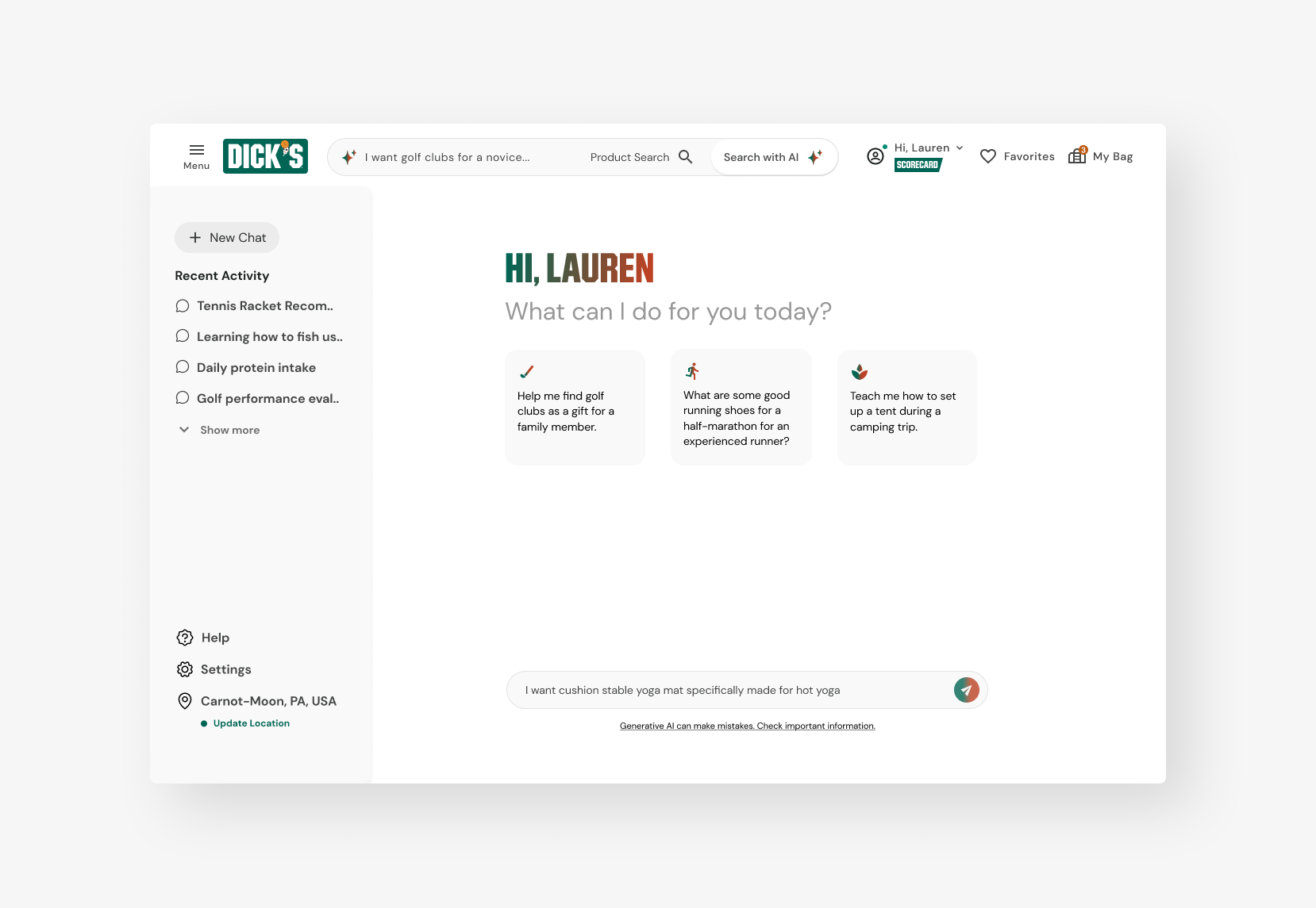 Gen AI Search fullscreen interface for Dick's e-commerce